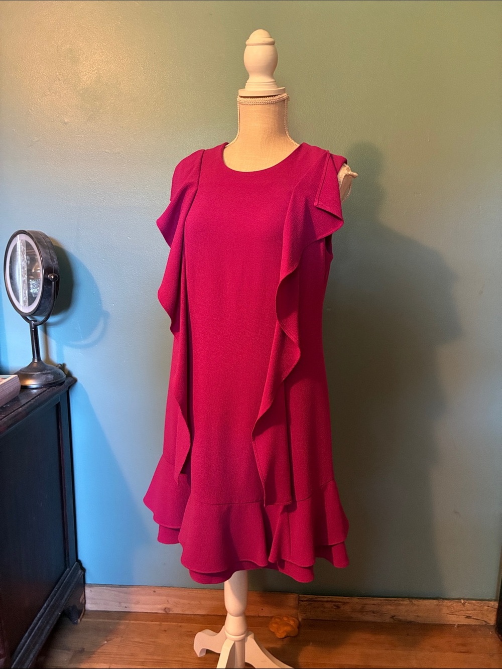 Chetta B Sleeveless Ruffle Shift Dress - Fuchsia